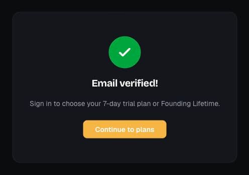 Email verified confirmation with Continue to plans.