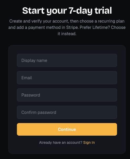 The actual Create account form with its four fields and Continue button.