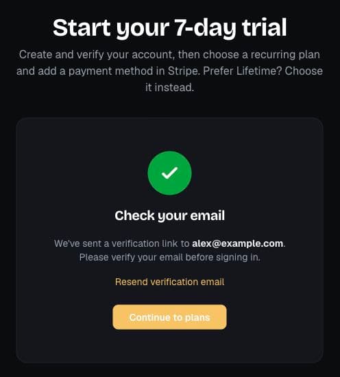 Check your email screen showing an example address and Resend verification email.