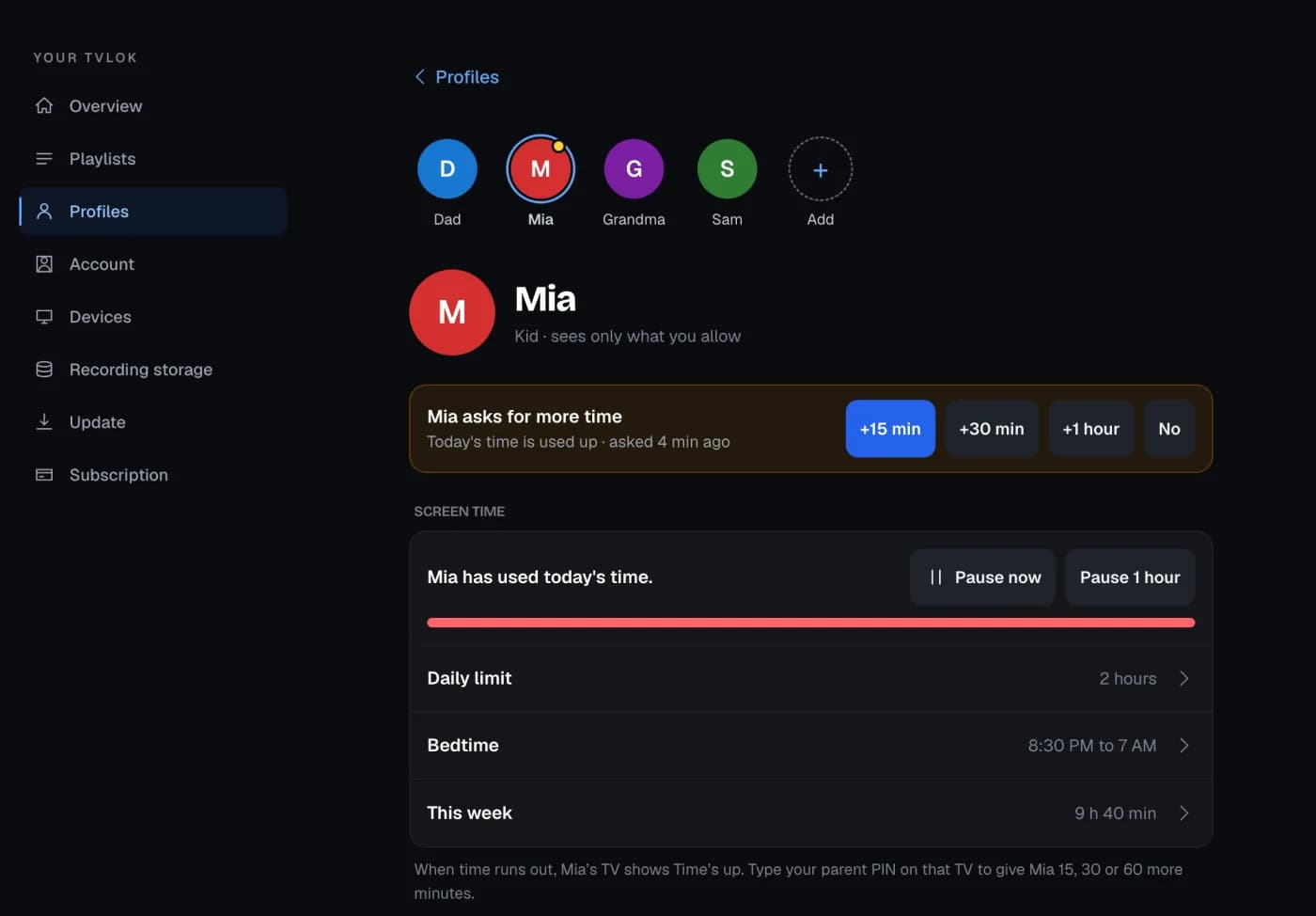 A kid's profile page on tvlok.com: Mia asks for more time with plus 15, plus 30 and plus 1 hour buttons, then Pause now, a 2 hour daily limit and a bedtime.