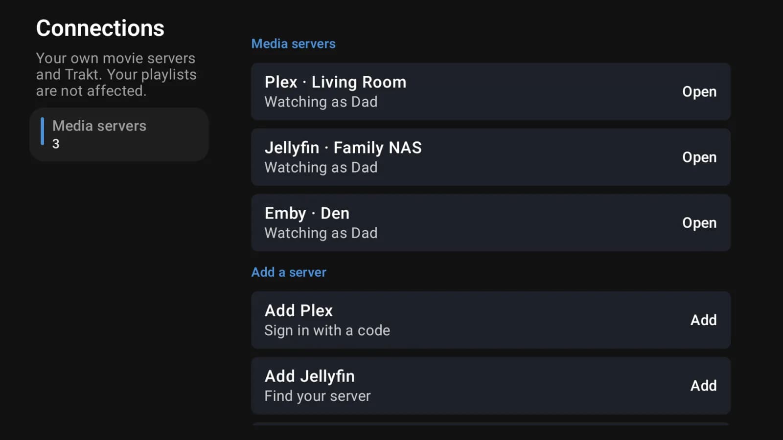 TVLok Connections on a television: a Plex, a Jellyfin and an Emby server, each watching as Dad, with options to add more servers.