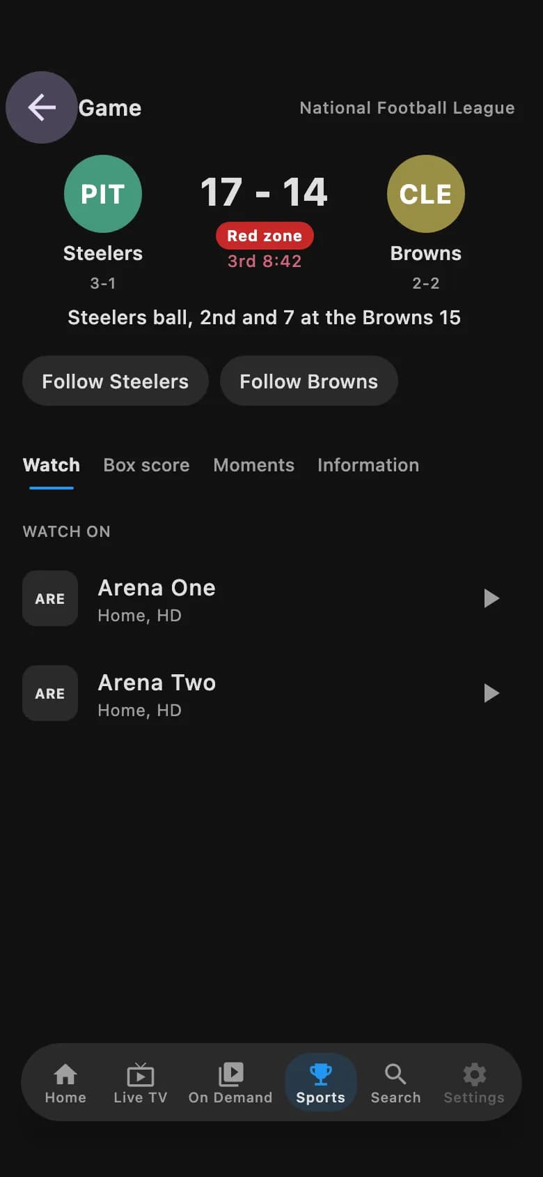 A football game page on a phone with the red zone badge, Follow buttons for both teams, and Arena One and Arena Two under Watch on.
