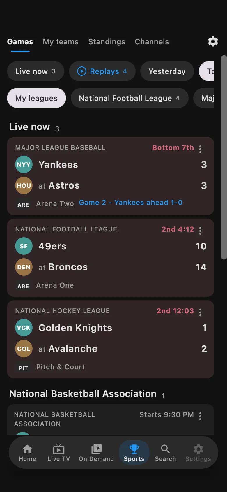 TVLok Sports on a phone: games in progress listed by league with live scores and the channel that carries each one.