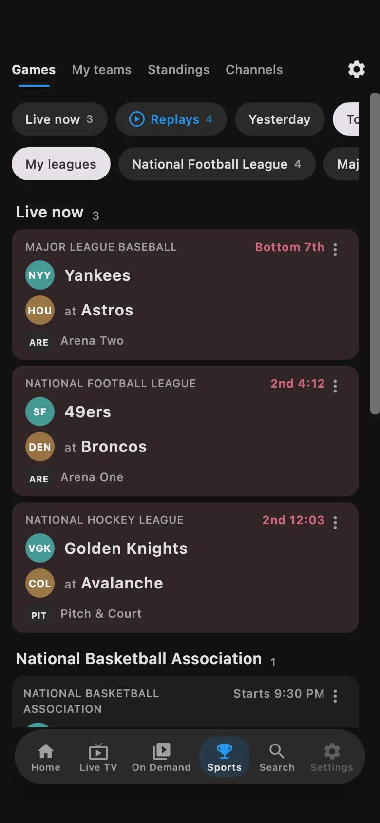 TVLok Sports on a phone with scores hidden, showing the same games without their scores.
