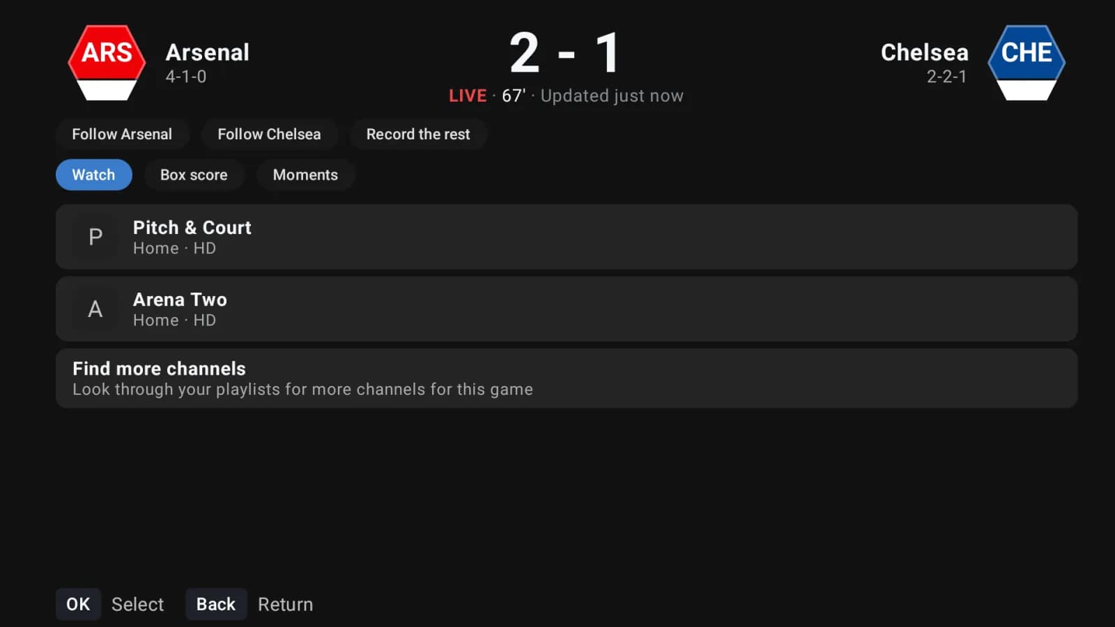 A TVLok game page on a television: a live soccer score, Follow buttons for both teams, and two channels to watch on, Pitch and Court and Arena Two.