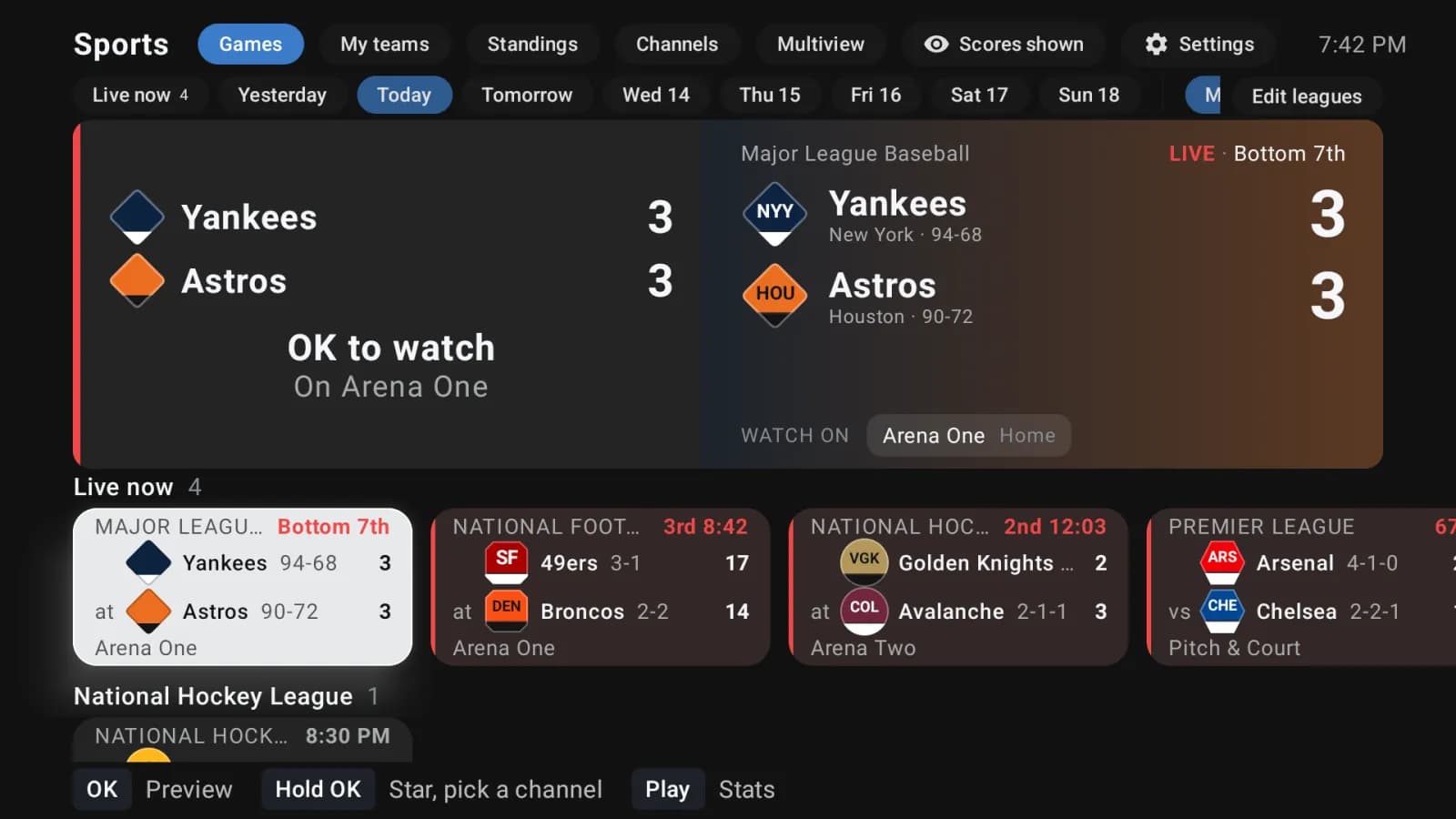 TVLok Sports on a television: a live baseball game in a large panel with the channel that carries it, and a Live now row of games below, each with its channel.