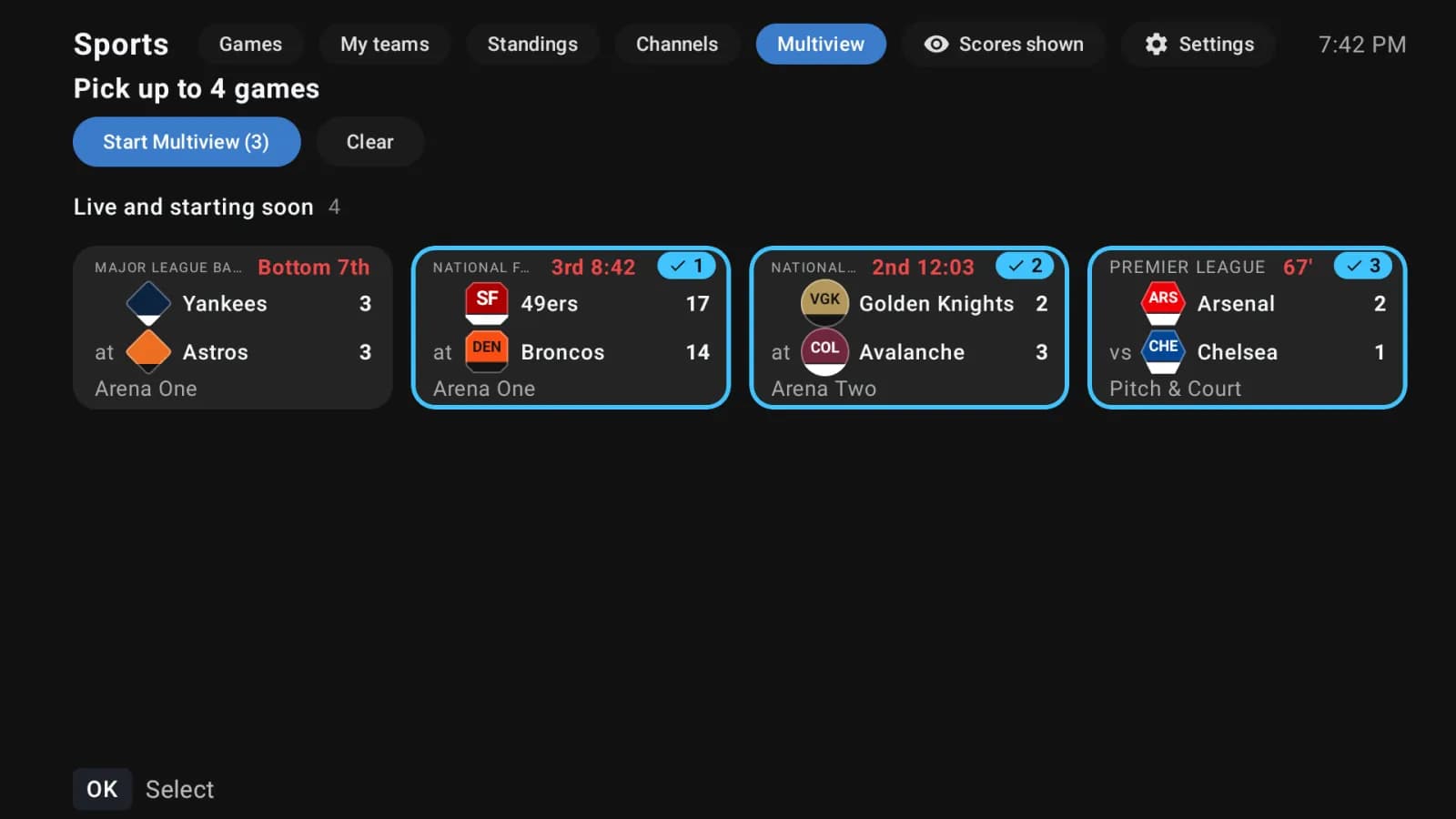 TVLok Sports Multiview on a television: a list of live games with three selected and a Start Multiview button.