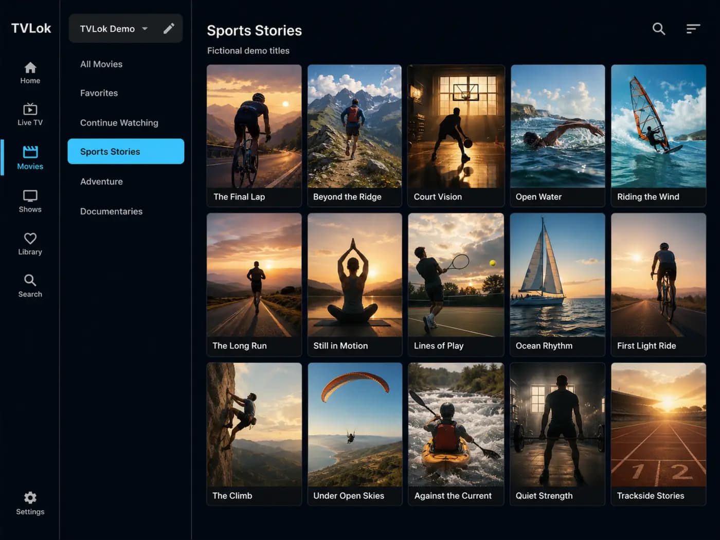 TVLok on iPad: a movie category grid with fictional sports titles