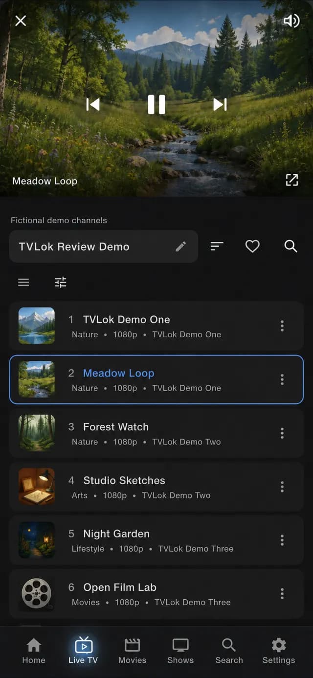 TVLok on iPhone: live channel list