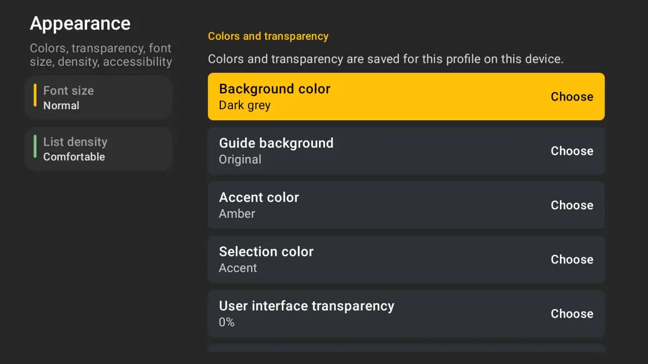 The Appearance settings screen on a Fire TV: background colour, guide background, accent colour, selection colour and transparency