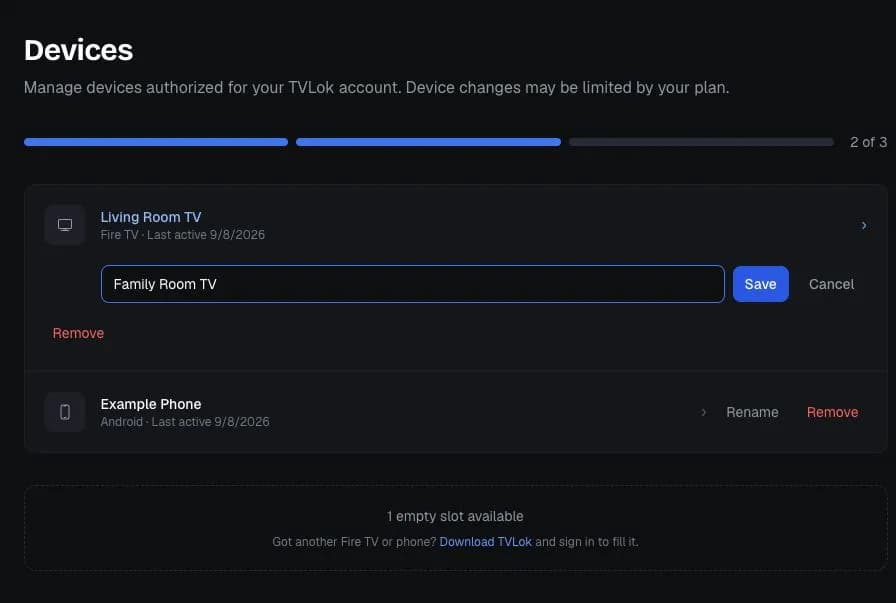 The Devices page on the TVLok website: a Fire TV being renamed and an Android phone