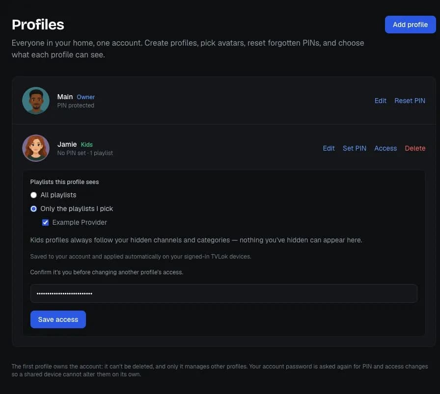 The Profiles page on the TVLok website: an owner profile and a kids profile limited to one playlist